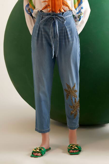 Verb By Pallavi Singhee Blue Cotton Sequins Embellished Placement Pant Online at Aza Fashions Verb By Pallavi Singhee_Blue Cotton Sequins Embellished Placement Pant _Online_at_Aza_Fashions