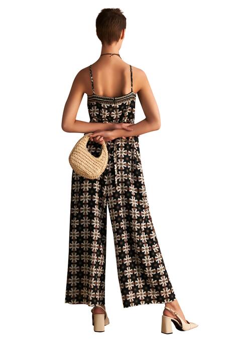 Verb By Pallavi Singhee_Black Cotton, Voile Beads, Embroidery Sweetheart Floral Print Strappy Jumpsuit_Online_at_Aza_Fashions