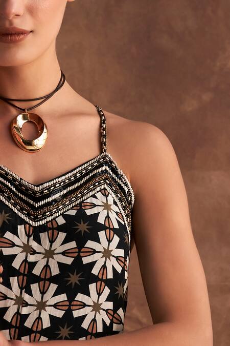 Buy_Verb By Pallavi Singhee_Black Cotton, Voile Beads, Embroidery Sweetheart Floral Print Strappy Jumpsuit_Online_at_Aza_Fashions