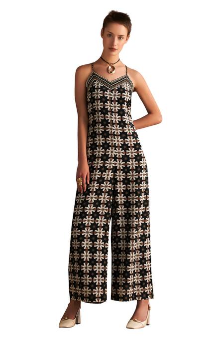 Shop_Verb By Pallavi Singhee_Black Cotton, Voile Beads, Embroidery Sweetheart Floral Print Strappy Jumpsuit_Online_at_Aza_Fashions