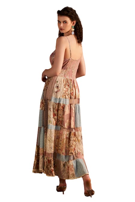 Verb By Pallavi Singhee_Multi Color Viscose, Georgette, Lurex Sequins, Patchwork Printed Strappy Dress_Online_at_Aza_Fashions