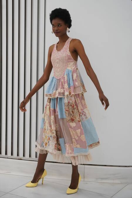 Verb By Pallavi Singhee_Multi Color Viscose Embroidery, Lace, Patchwork Printed Tiered Skirt_Online_at_Aza_Fashions