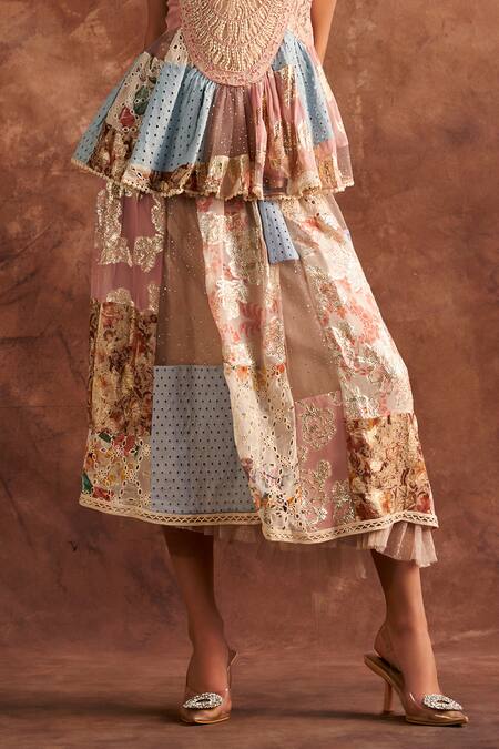 Buy_Verb By Pallavi Singhee_Multi Color Viscose Embroidery, Lace, Patchwork Printed Tiered Skirt_Online_at_Aza_Fashions