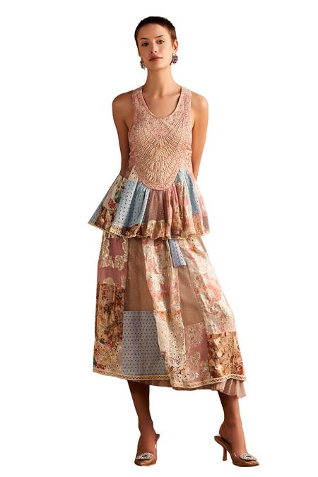 Shop_Verb By Pallavi Singhee_Multi Color Viscose Embroidery, Lace, Patchwork Printed Tiered Skirt_Online_at_Aza_Fashions