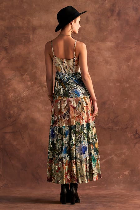 Shop Verb By Pallavi Singhee Multi Color Viscose, Lurex, Georgette V-neck Metallic Printed Tiered Dress at Aza Fashions Shop_Verb By Pallavi Singhee_Multi Color Viscose, Lurex, Georgette V-neck Metallic Printed Tiered Dress _at_Aza_Fashions