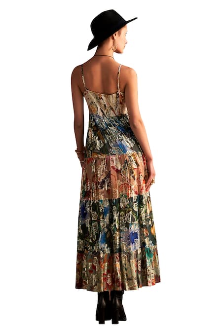 Verb By Pallavi Singhee Multi Color Viscose, Lurex, Georgette V-neck Metallic Printed Tiered Dress Online at Aza Fashions Verb By Pallavi Singhee_Multi Color Viscose, Lurex, Georgette V-neck Metallic Printed Tiered Dress _Online_at_Aza_Fashions