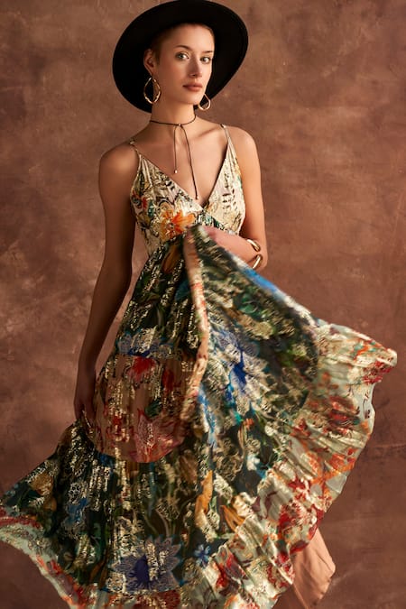 Buy Verb By Pallavi Singhee Multi Color Viscose, Lurex, Georgette V-neck Metallic Printed Tiered Dress Online at Aza Fashions Buy_Verb By Pallavi Singhee_Multi Color Viscose, Lurex, Georgette V-neck Metallic Printed Tiered Dress _Online_at_Aza_Fashions