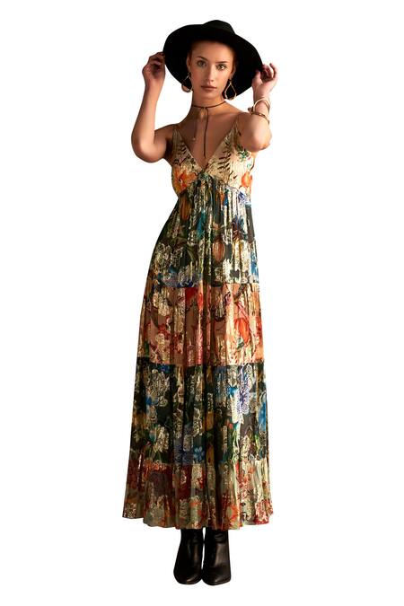Shop Verb By Pallavi Singhee Multi Color Viscose, Lurex, Georgette V-neck Metallic Printed Tiered Dress Online at Aza Fashions Shop_Verb By Pallavi Singhee_Multi Color Viscose, Lurex, Georgette V-neck Metallic Printed Tiered Dress _Online_at_Aza_Fashions