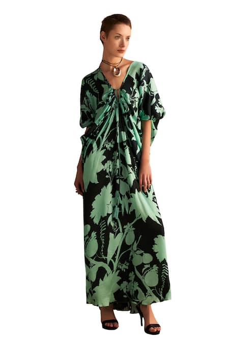 Shop Verb By Pallavi Singhee Green V-neck Floral Print Kaftan Online at Aza Fashions Shop_Verb By Pallavi Singhee_Green V-neck Floral Print Kaftan _Online_at_Aza_Fashions