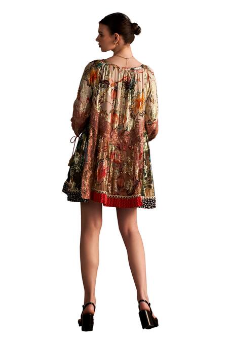 Verb By Pallavi Singhee_Multi Color Viscose, Georgette Embroidery, Lace Patchwork Floral Print Dress_Online_at_Aza_Fashions