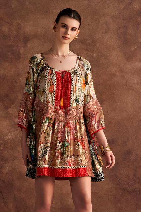 Buy_Verb By Pallavi Singhee_Multi Color Viscose, Georgette Embroidery, Lace Patchwork Floral Print Dress_Online_at_Aza_Fashions
