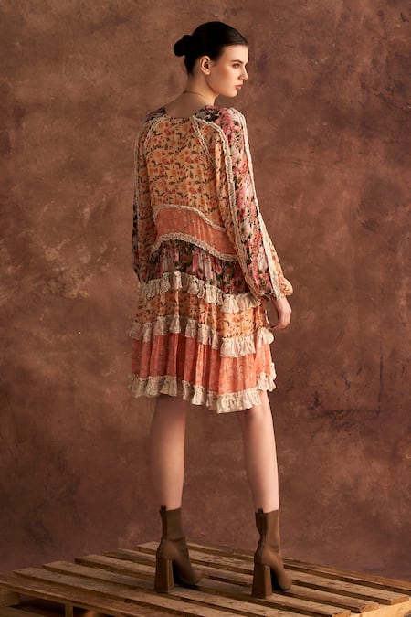 Shop Verb By Pallavi Singhee Multi Color Viscose, Georgette Embroidery, Lace V-neck Floral Print Tiered Dress at Aza Fashions Shop_Verb By Pallavi Singhee_Multi Color Viscose, Georgette Embroidery, Lace V-neck Floral Print Tiered Dress _at_Aza_Fashions