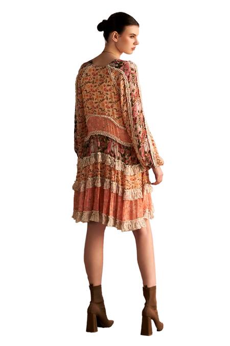 Verb By Pallavi Singhee Multi Color Viscose, Georgette Embroidery, Lace V-neck Floral Print Tiered Dress Online at Aza Fashions Verb By Pallavi Singhee_Multi Color Viscose, Georgette Embroidery, Lace V-neck Floral Print Tiered Dress _Online_at_Aza_Fashions