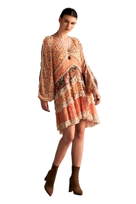 Shop Verb By Pallavi Singhee Multi Color Viscose, Georgette Embroidery, Lace V-neck Floral Print Tiered Dress Online at Aza Fashions Shop_Verb By Pallavi Singhee_Multi Color Viscose, Georgette Embroidery, Lace V-neck Floral Print Tiered Dress _Online_at_Aza_Fashions