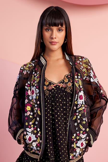 Verb By Pallavi Singhee Black Viscose, Georgette Embroidery V-neck Thread Floral Dress Online at Aza Fashions Verb By Pallavi Singhee_Black Viscose, Georgette Embroidery V-neck Thread Floral Dress_Online_at_Aza_Fashions