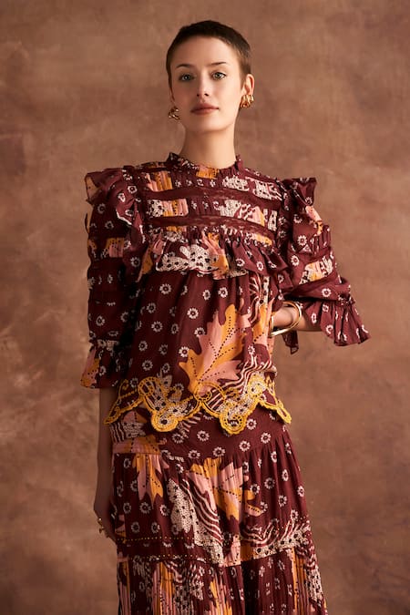 Buy_Verb By Pallavi Singhee_Brown Cotton, Voile Embroidery High Neck Floral Print Ruched Top_Online_at_Aza_Fashions