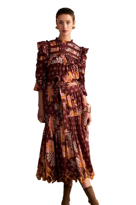 Shop_Verb By Pallavi Singhee_Brown Cotton, Voile Embroidery High Neck Floral Print Ruched Top_Online_at_Aza_Fashions