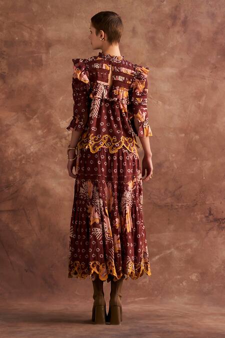 Shop Verb By Pallavi Singhee Brown Cotton Lace Floral Print Ruched Skirt at Aza Fashions Shop_Verb By Pallavi Singhee_Brown Cotton Lace Floral Print Ruched Skirt_at_Aza_Fashions