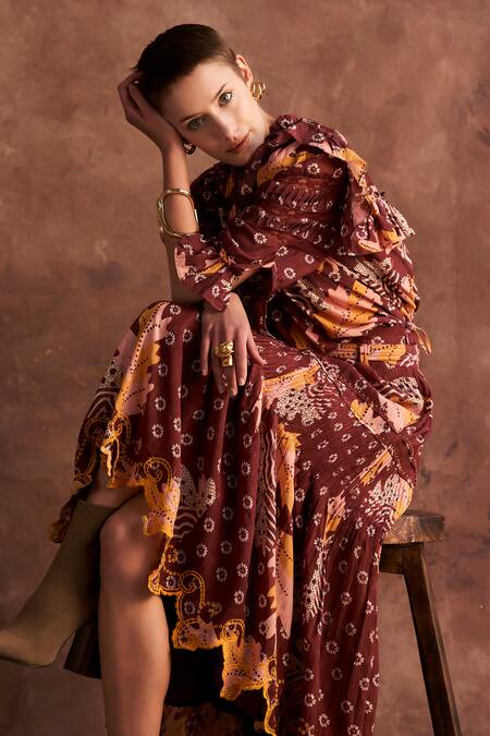 Verb By Pallavi Singhee Brown Cotton Lace Floral Print Ruched Skirt Online at Aza Fashions Verb By Pallavi Singhee_Brown Cotton Lace Floral Print Ruched Skirt_Online_at_Aza_Fashions