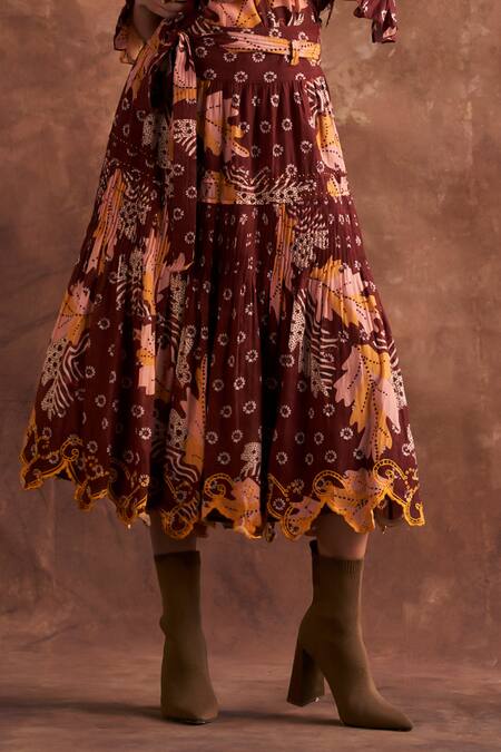 Buy Verb By Pallavi Singhee Brown Cotton Lace Floral Print Ruched Skirt Online at Aza Fashions Buy_Verb By Pallavi Singhee_Brown Cotton Lace Floral Print Ruched Skirt_Online_at_Aza_Fashions