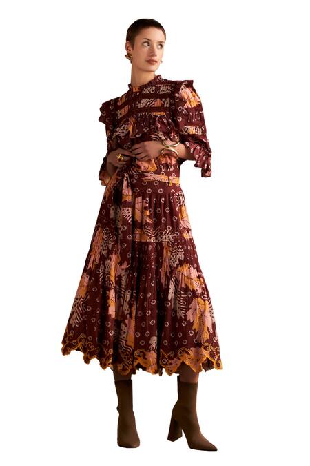 Shop Verb By Pallavi Singhee Brown Cotton Lace Floral Print Ruched Skirt Online at Aza Fashions Shop_Verb By Pallavi Singhee_Brown Cotton Lace Floral Print Ruched Skirt_Online_at_Aza_Fashions