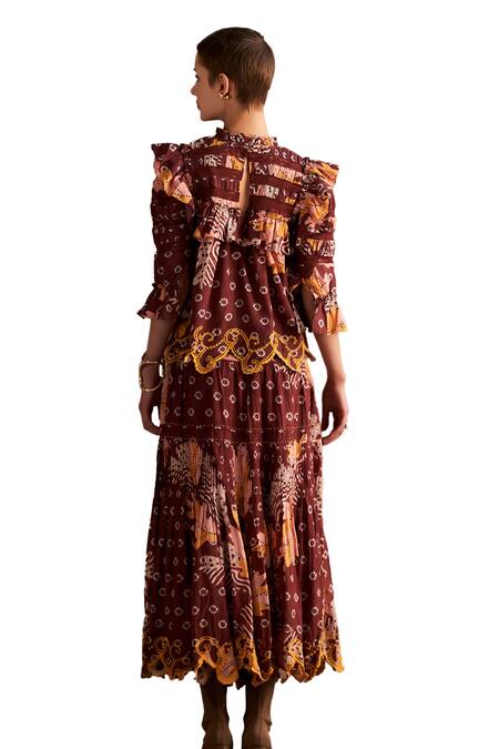 Verb By Pallavi Singhee Brown Cotton Lace Floral Print Ruched Skirt at Aza Fashions Verb By Pallavi Singhee_Brown Cotton Lace Floral Print Ruched Skirt_at_Aza_Fashions