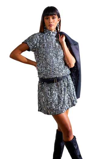 Buy Verb By Pallavi Singhee Silver Viscose, Georgette Sequins High Neck Hand Embroidered Short Blouson Dress Online at Aza Fashions Buy_Verb By Pallavi Singhee_Silver Viscose, Georgette Sequins High Neck Hand Embroidered Short Blouson Dress_Online_at_Aza_Fashions