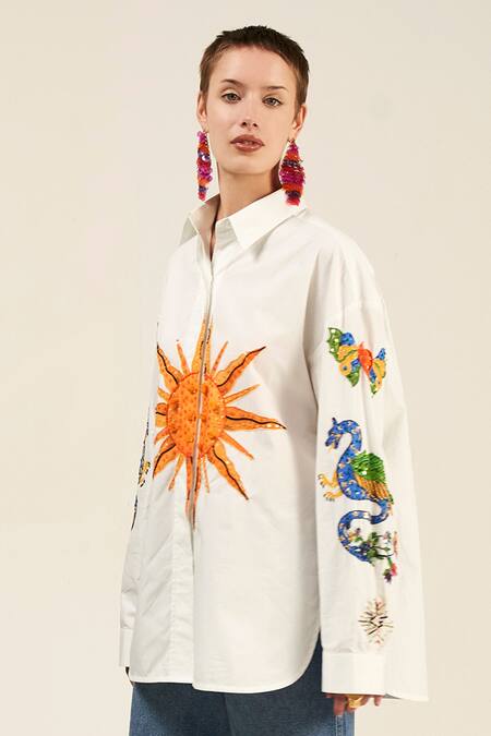 Verb By Pallavi Singhee Ivory Cotton Sequins, Beads Collared Sun Motif Embellished Shirt Online at Aza Fashions Verb By Pallavi Singhee_Ivory Cotton Sequins, Beads Collared Sun Motif Embellished Shirt _Online_at_Aza_Fashions