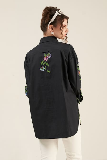 Shop Verb By Pallavi Singhee Black Cotton Beads, Sequins Collared Checkered Pattern Embellished Shirt at Aza Fashions Shop_Verb By Pallavi Singhee_Black Cotton Beads, Sequins Collared Checkered Pattern Embellished Shirt _at_Aza_Fashions