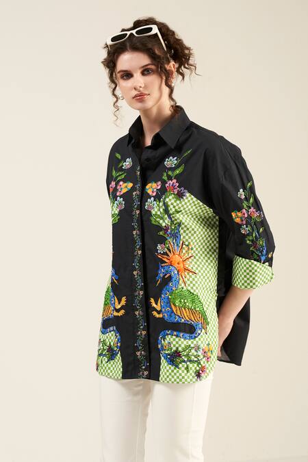 Verb By Pallavi Singhee Black Cotton Beads, Sequins Collared Checkered Pattern Embellished Shirt Online at Aza Fashions Verb By Pallavi Singhee_Black Cotton Beads, Sequins Collared Checkered Pattern Embellished Shirt _Online_at_Aza_Fashions