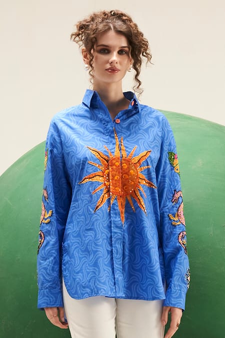 Verb By Pallavi Singhee Blue Cotton Sequins, Beads Collared Swirl Print Shirt Online at Aza Fashions Verb By Pallavi Singhee_Blue Cotton Sequins, Beads Collared Swirl Print Shirt _Online_at_Aza_Fashions
