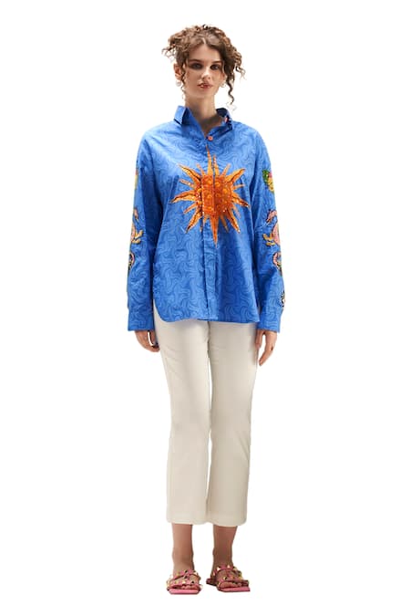 Buy Verb By Pallavi Singhee Blue Cotton Sequins, Beads Collared Swirl Print Shirt Online at Aza Fashions Buy_Verb By Pallavi Singhee_Blue Cotton Sequins, Beads Collared Swirl Print Shirt _Online_at_Aza_Fashions