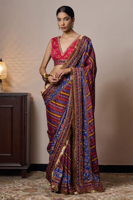 Irrau by Samir Mantri Multi Color Blouse And Saree Chinon Chiffon Printed Floral Stripe V Neck With 