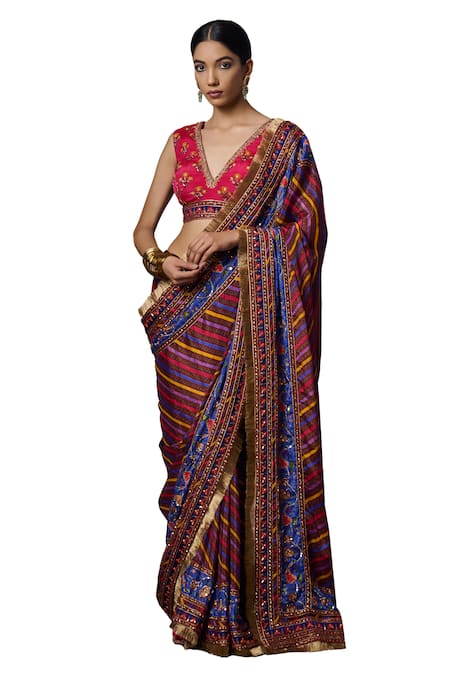 Irrau By Samir Mantri Multi Color Chiffon, Crepe Sequins, Beads, Floral Stripe Print Saree With Blouse Online at Aza Fashions Irrau By Samir Mantri_Multi Color Chiffon, Crepe Sequins, Beads, Floral Stripe Print Saree With Blouse _Online_at_Aza_Fashions