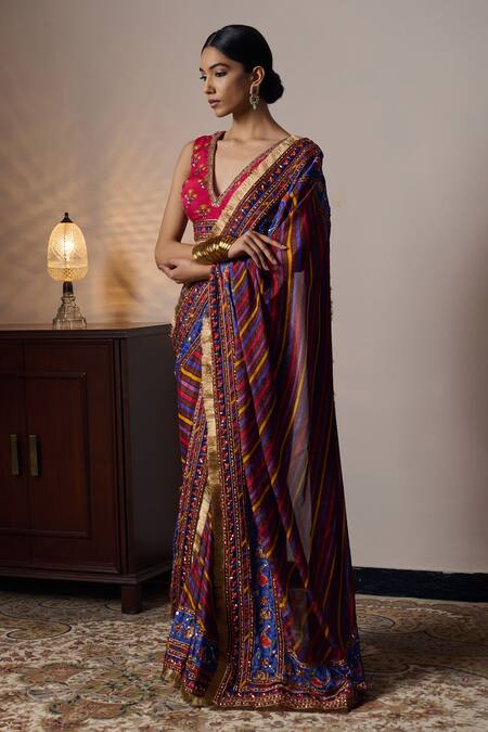 Buy Irrau By Samir Mantri Multi Color Chiffon, Crepe Sequins, Beads, Floral Stripe Print Saree With Blouse Online at Aza Fashions Buy_Irrau By Samir Mantri_Multi Color Chiffon, Crepe Sequins, Beads, Floral Stripe Print Saree With Blouse _Online_at_Aza_Fashions