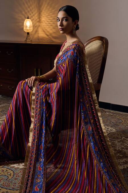 Irrau By Samir Mantri Multi Color Chiffon, Crepe Sequins, Beads, Floral Stripe Print Saree With Blouse at Aza Fashions Irrau By Samir Mantri_Multi Color Chiffon, Crepe Sequins, Beads, Floral Stripe Print Saree With Blouse _at_Aza_Fashions