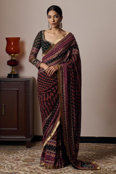 Irrau By Samir Mantri_Multi Color Georgette, Crepe Beads, Panchali Flower Print Saree With Blouse _Online_at_Aza_Fashions