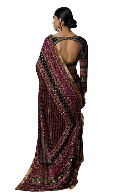 Shop_Irrau By Samir Mantri_Multi Color Georgette, Crepe Beads, Panchali Flower Print Saree With Blouse _Online_at_Aza_Fashions