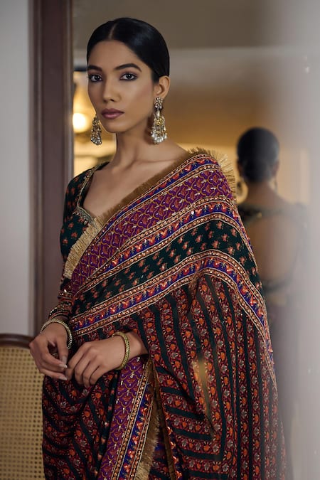 Irrau By Samir Mantri_Multi Color Georgette, Crepe Beads, Panchali Flower Print Saree With Blouse _at_Aza_Fashions