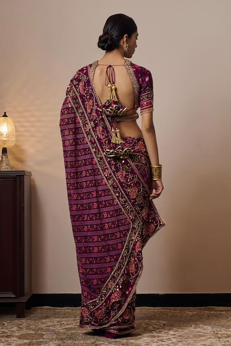 Shop Irrau By Samir Mantri Purple Georgette, Crepe Embroidery Round Nimi Floral Print Saree With Blouse at Aza Fashions Shop_Irrau By Samir Mantri_Purple Georgette, Crepe Embroidery Round Nimi Floral Print Saree With Blouse _at_Aza_Fashions