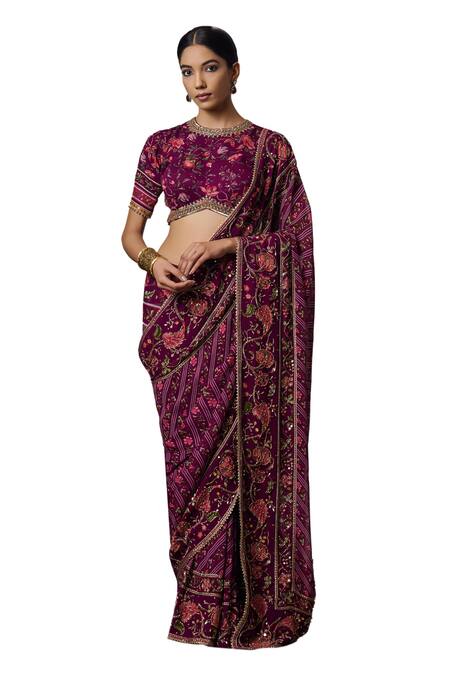 Irrau By Samir Mantri Purple Georgette, Crepe Embroidery Round Nimi Floral Print Saree With Blouse Online at Aza Fashions Irrau By Samir Mantri_Purple Georgette, Crepe Embroidery Round Nimi Floral Print Saree With Blouse _Online_at_Aza_Fashions