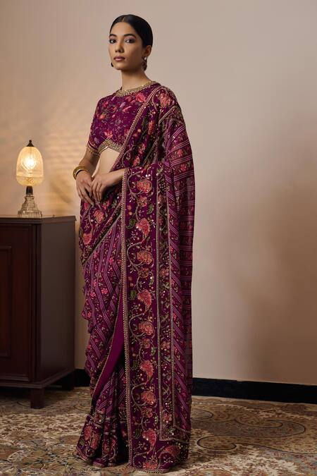 Buy Irrau By Samir Mantri Purple Georgette, Crepe Embroidery Round Nimi Floral Print Saree With Blouse Online at Aza Fashions Buy_Irrau By Samir Mantri_Purple Georgette, Crepe Embroidery Round Nimi Floral Print Saree With Blouse _Online_at_Aza_Fashions