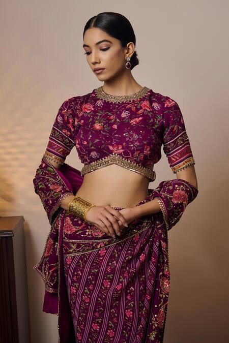Irrau By Samir Mantri Purple Georgette, Crepe Embroidery Round Nimi Floral Print Saree With Blouse at Aza Fashions Irrau By Samir Mantri_Purple Georgette, Crepe Embroidery Round Nimi Floral Print Saree With Blouse _at_Aza_Fashions