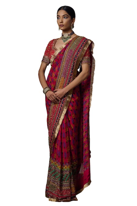 Irrau By Samir Mantri Multi Color Georgette, Crepe Cut Work, Anji Bouquet Print Saree With Blouse Online at Aza Fashions Irrau By Samir Mantri_Multi Color Georgette, Crepe Cut Work, Anji Bouquet Print Saree With Blouse _Online_at_Aza_Fashions