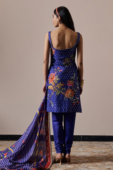 Shop Irrau By Samir Mantri Blue Cotton, Silk, Chiffon Beads, Sequins Nyra Blooming Flower Print Kurta Set at Aza Fashions Shop_Irrau By Samir Mantri_Blue Cotton, Silk, Chiffon Beads, Sequins Nyra Blooming Flower Print Kurta Set _at_Aza_Fashions