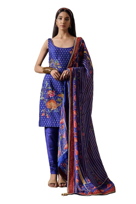 Irrau By Samir Mantri Blue Cotton, Silk, Chiffon Beads, Sequins Nyra Blooming Flower Print Kurta Set Online at Aza Fashions Irrau By Samir Mantri_Blue Cotton, Silk, Chiffon Beads, Sequins Nyra Blooming Flower Print Kurta Set _Online_at_Aza_Fashions