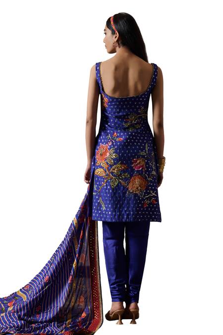 Shop Irrau By Samir Mantri Blue Cotton, Silk, Chiffon Beads, Sequins Nyra Blooming Flower Print Kurta Set Online at Aza Fashions Shop_Irrau By Samir Mantri_Blue Cotton, Silk, Chiffon Beads, Sequins Nyra Blooming Flower Print Kurta Set _Online_at_Aza_Fashions