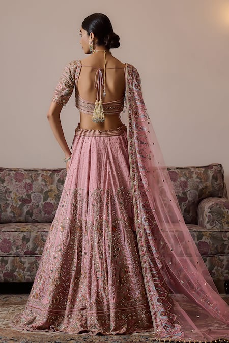 Shop_Irrau By Samir Mantri_Pink Crepe, Net Beads, Embroidery, Sequins, Raahi Paisley Bridal Lehenga Set _at_Aza_Fashions