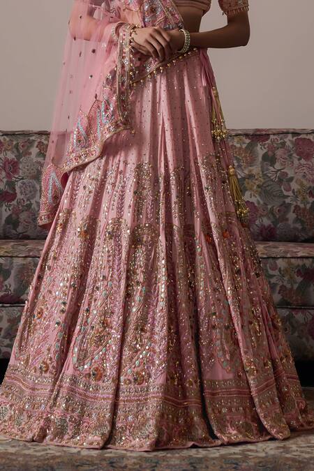 Irrau By Samir Mantri_Pink Crepe, Net Beads, Embroidery, Sequins, Raahi Paisley Bridal Lehenga Set _Online_at_Aza_Fashions