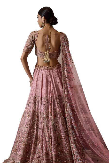 Shop_Irrau By Samir Mantri_Pink Crepe, Net Beads, Embroidery, Sequins, Raahi Paisley Bridal Lehenga Set _Online_at_Aza_Fashions